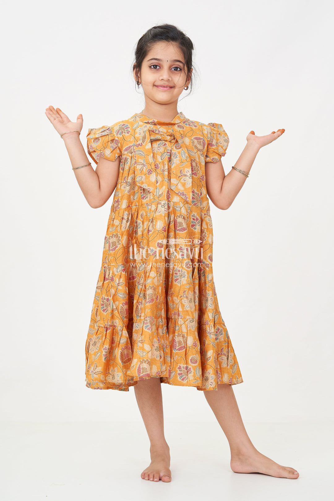 The Nesavu Girls Cotton Frock Yellow Frock for Baby Girls in Modal Silk with Digital Floral Print and Ruffled Sleeves Nesavu 18 (2Y) / Yellow GFC1692A-18 Yellow Frock Baby Girls Soft Modal Silk Floral Digital Print Ruffle Detailing | The Nesavu