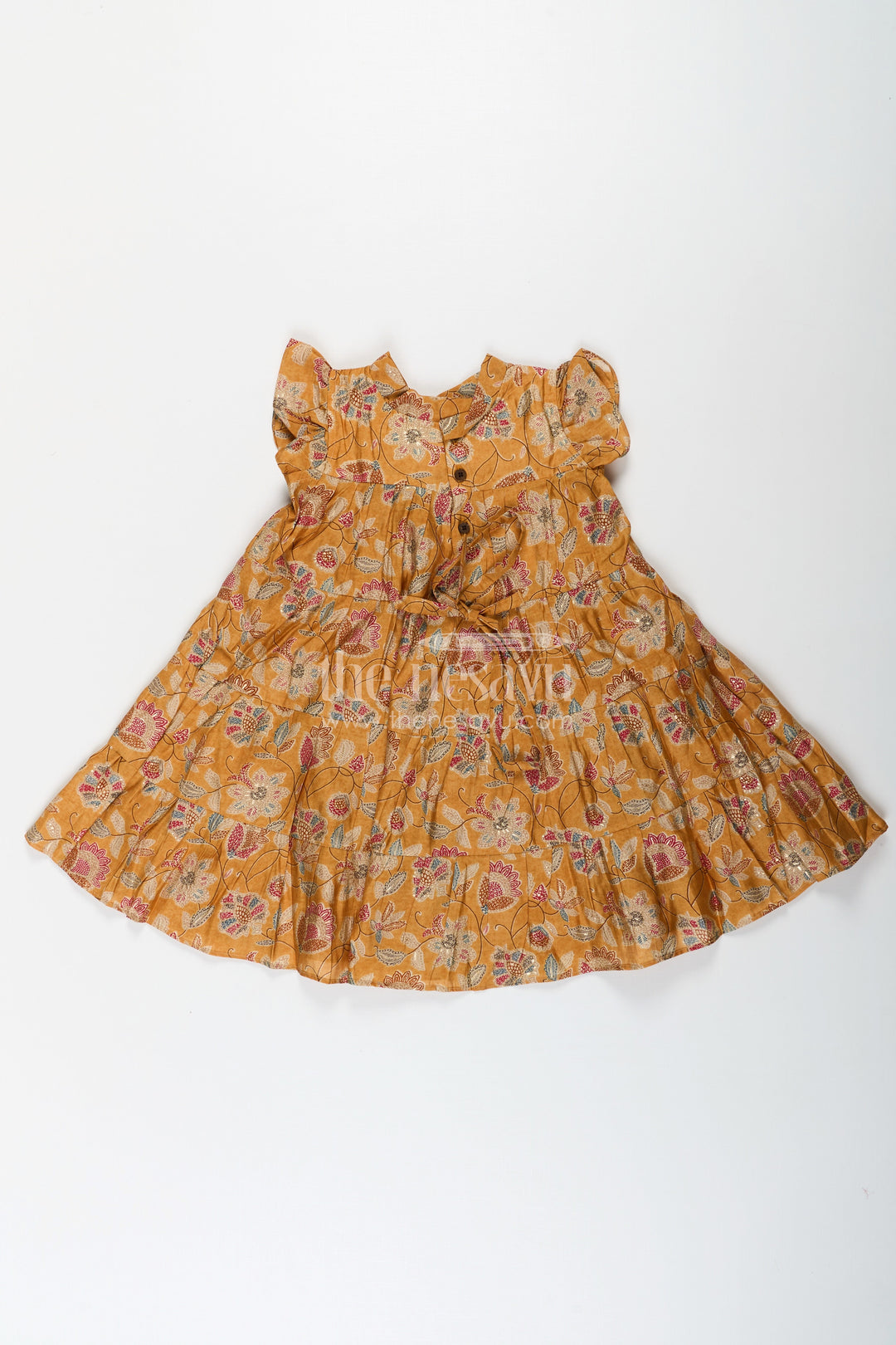 The Nesavu Girls Cotton Frock Yellow Frock for Baby Girls in Modal Silk with Digital Floral Print and Ruffled Sleeves Nesavu Yellow Frock Baby Girls Soft Modal Silk Floral Digital Print Ruffle Detailing | The Nesavu