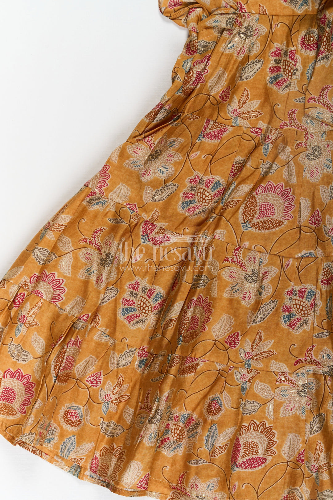 The Nesavu Girls Cotton Frock Yellow Frock for Baby Girls in Modal Silk with Digital Floral Print and Ruffled Sleeves Nesavu Yellow Frock Baby Girls Soft Modal Silk Floral Digital Print Ruffle Detailing | The Nesavu