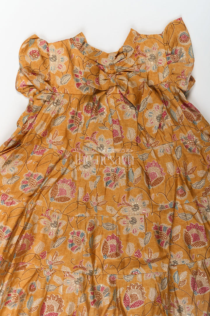 The Nesavu Girls Cotton Frock Yellow Frock for Baby Girls in Modal Silk with Digital Floral Print and Ruffled Sleeves Nesavu Yellow Frock Baby Girls Soft Modal Silk Floral Digital Print Ruffle Detailing | The Nesavu