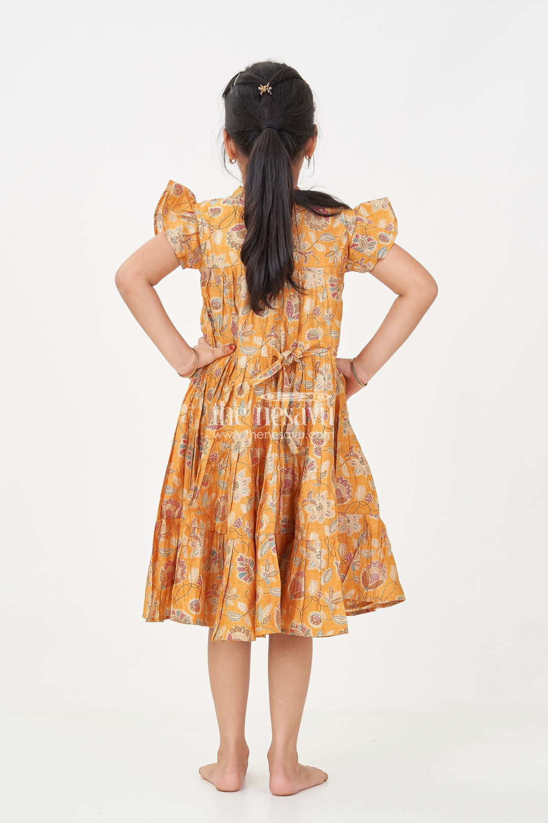 The Nesavu Girls Cotton Frock Yellow Frock for Baby Girls in Modal Silk with Digital Floral Print and Ruffled Sleeves Nesavu Yellow Frock Baby Girls Soft Modal Silk Floral Digital Print Ruffle Detailing | The Nesavu