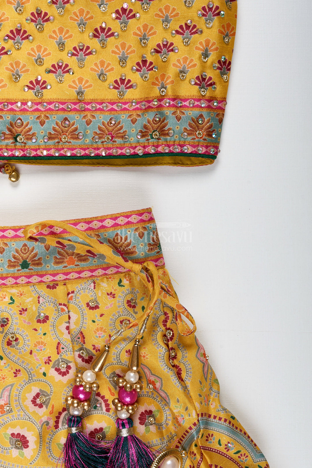 The Nesavu Girls Lehenga Choli Yellow Girls Lehenga Choli for Festive Occasions Vibrant Silk Outfit with Traditional Prints Nesavu Nesavu Yellow Girls Lehenga Choli Festive Occasions Vibrant Silk Outfit Traditional Prints