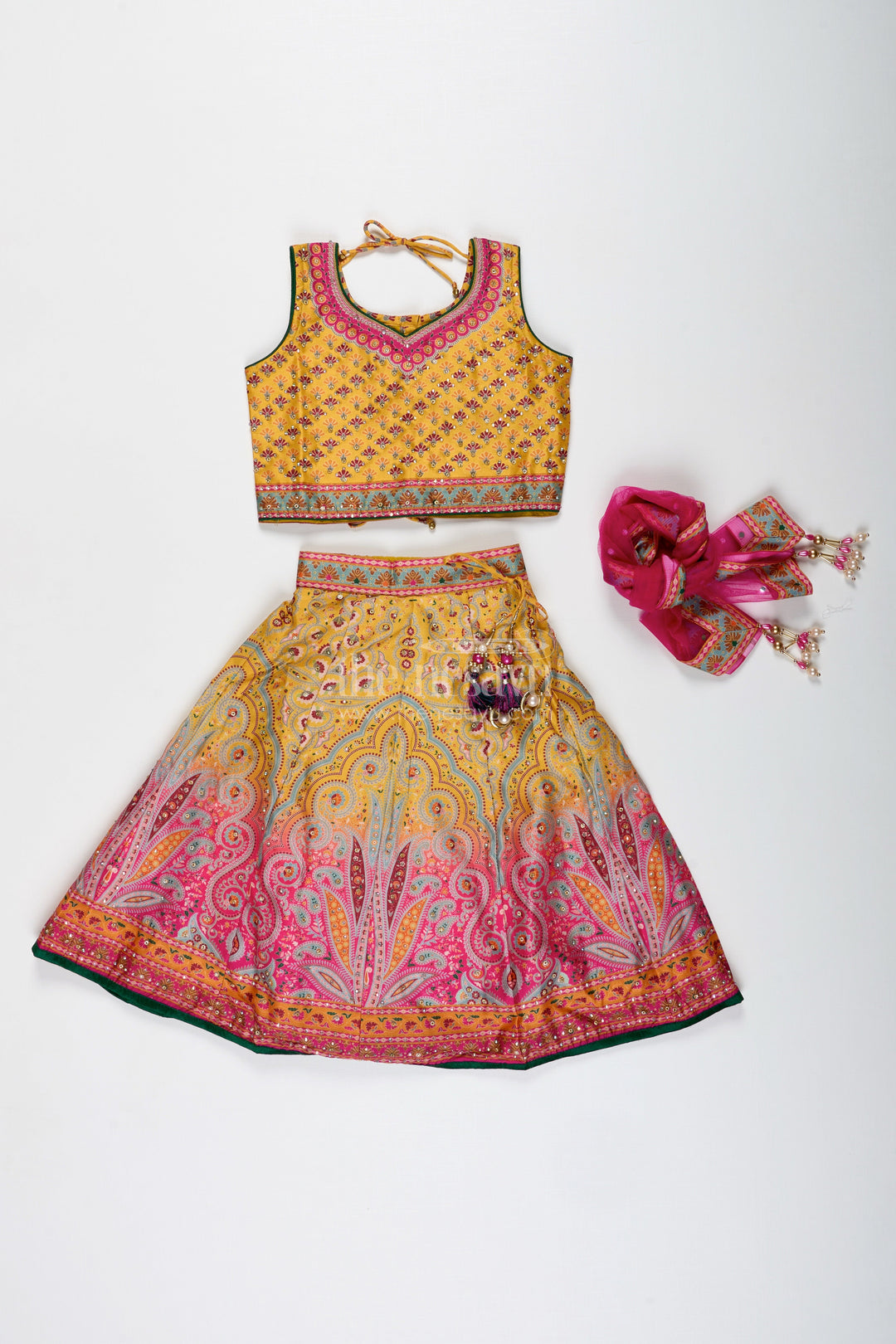 The Nesavu Girls Lehenga Choli Yellow Girls Lehenga Choli for Festive Occasions Vibrant Silk Outfit with Traditional Prints Nesavu Nesavu Yellow Girls Lehenga Choli Festive Occasions Vibrant Silk Outfit Traditional Prints