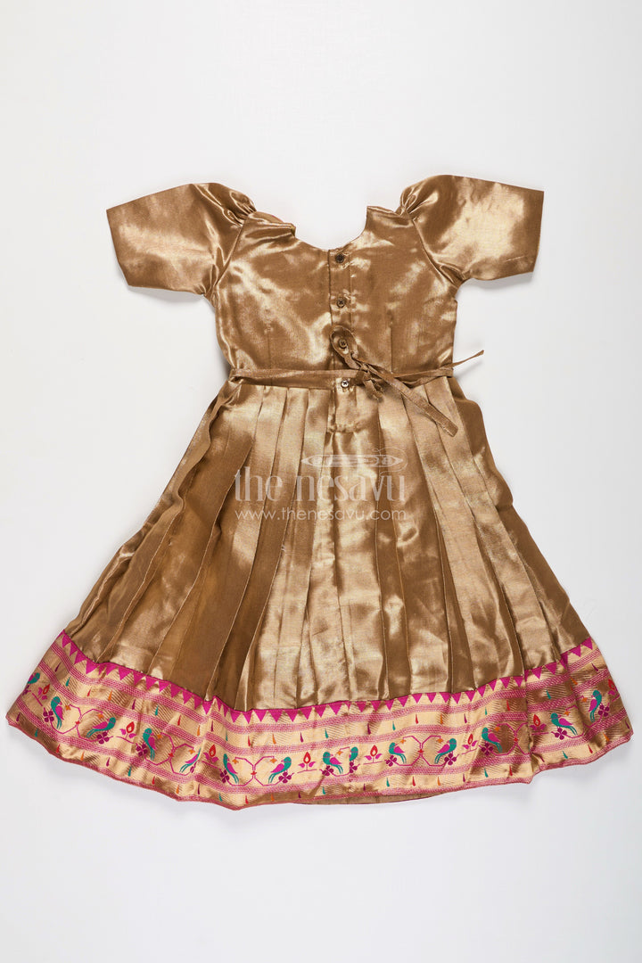 The Nesavu Girls Silk Gown Yellow Gold Gown for Girls in Tissue Silk with Rich Pleats and Paithani Embellished Hemline Nesavu Yellow Gold Gown Girls Tissue Silk Pleated Design Paithani Hemline | The Nesavu