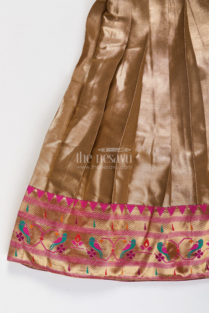 The Nesavu Girls Silk Gown Yellow Gold Gown for Girls in Tissue Silk with Rich Pleats and Paithani Embellished Hemline Nesavu Yellow Gold Gown Girls Tissue Silk Pleated Design Paithani Hemline | The Nesavu