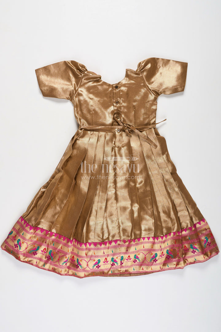 The Nesavu Girls Silk Gown Yellow Gold Gown for Girls in Tissue Silk with Rich Pleats and Paithani Embellished Hemline Nesavu Yellow Gold Gown Girls Tissue Silk Pleated Design Paithani Hemline | The Nesavu