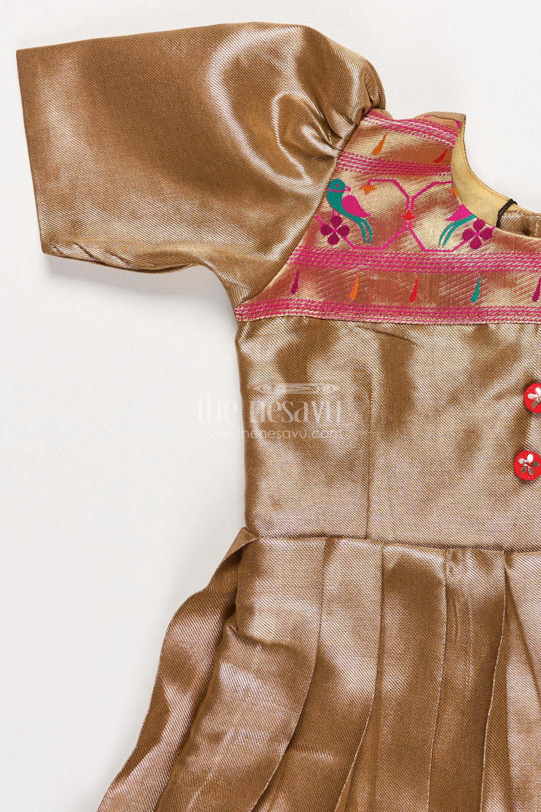 The Nesavu Girls Silk Gown Yellow Gold Gown for Girls in Tissue Silk with Rich Pleats and Paithani Embellished Hemline Nesavu Yellow Gold Gown Girls Tissue Silk Pleated Design Paithani Hemline | The Nesavu