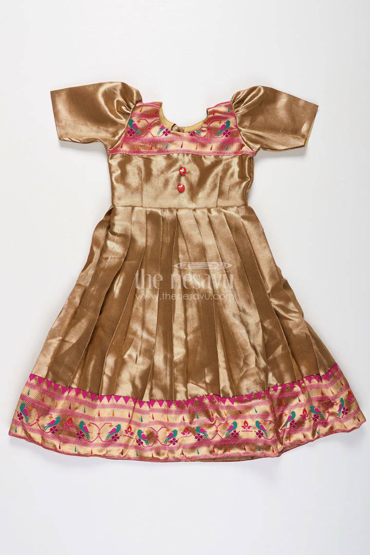 The Nesavu Girls Silk Gown Yellow Gold Gown for Girls in Tissue Silk with Rich Pleats and Paithani Embellished Hemline Nesavu Yellow Gold Gown Girls Tissue Silk Pleated Design Paithani Hemline | The Nesavu