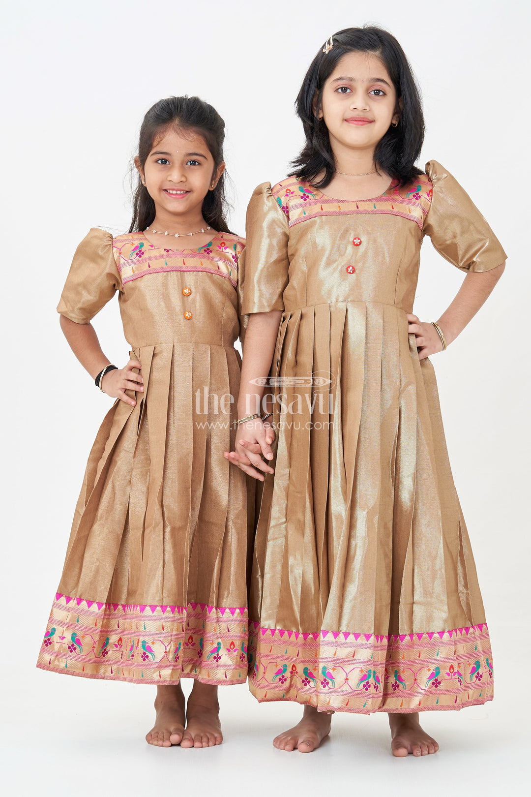 The Nesavu Girls Silk Gown Yellow Gold Gown for Girls in Tissue Silk with Rich Pleats and Paithani Embellished Hemline Nesavu Yellow Gold Gown Girls Tissue Silk Pleated Design Paithani Hemline | The Nesavu