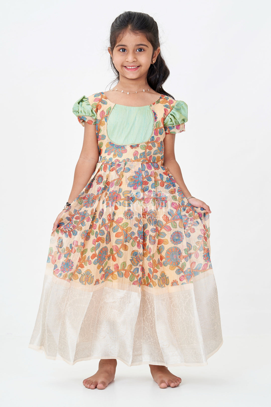 The Nesavu Girls Silk Gown Yellow Gown Dress for Girls with Embroidered Floral Motifs and Raw Silk Yoke in Chanderi Cotton Blend Nesavu 18 (2Y) / Yellow GA318B-18 Yellow Gown Dress Girls Chanderi Cotton Raw Silk Yoke Floral Embroidery | The Nesavu