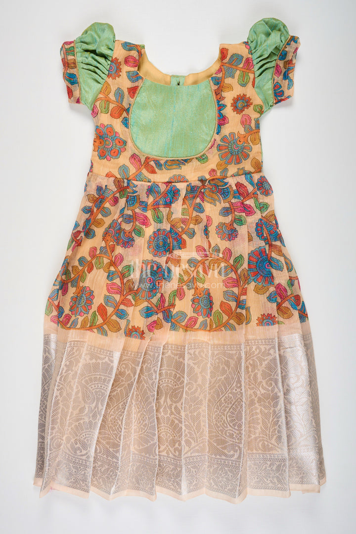 The Nesavu Girls Silk Gown Yellow Gown Dress for Girls with Embroidered Floral Motifs and Raw Silk Yoke in Chanderi Cotton Blend Nesavu Yellow Gown Dress Girls Chanderi Cotton Raw Silk Yoke Floral Embroidery | The Nesavu