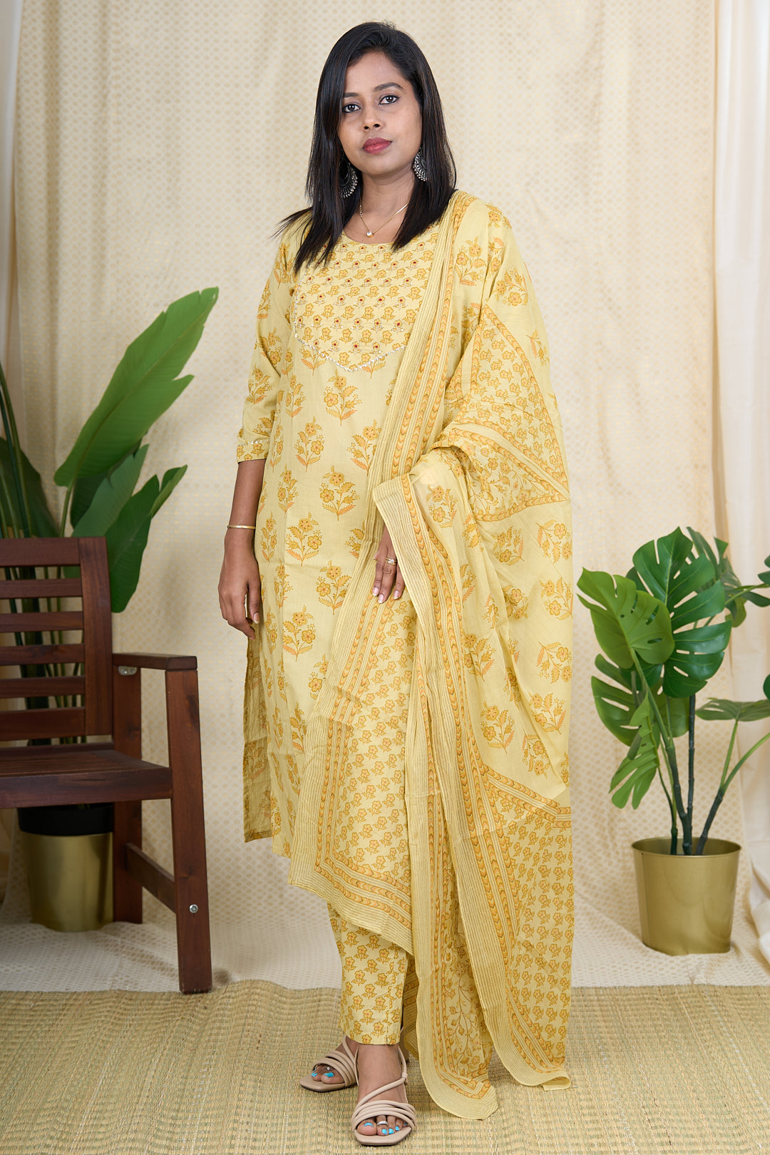 The Nesavu Womens Straight Suit Sets Yellow Hand Block Printed Cotton Kurta Set with Mul Cotton Dupatta Nesavu 38 (M) / Yellow / Cotton WTH015A-38 Yellow Cotton Kurta Set with AARI Embroidery and Mul Cotton Dupatta