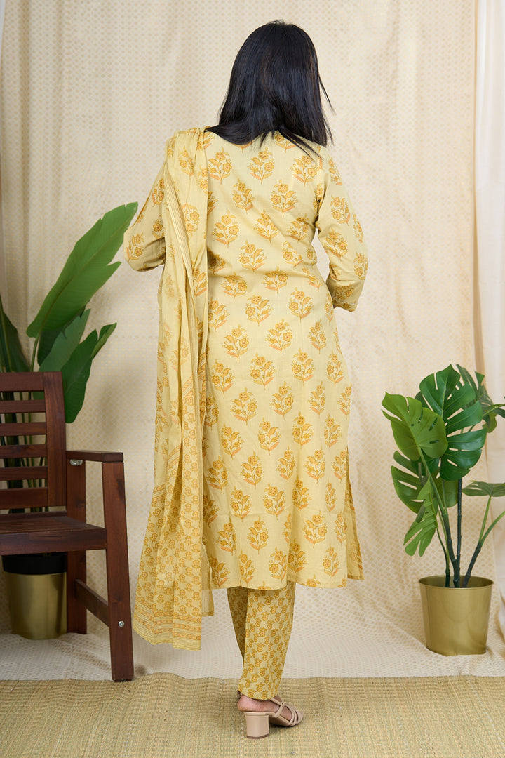 The Nesavu Womens Straight Suit Sets Yellow Hand Block Printed Cotton Kurta Set with Mul Cotton Dupatta Nesavu Yellow Cotton Kurta Set with AARI Embroidery and Mul Cotton Dupatta