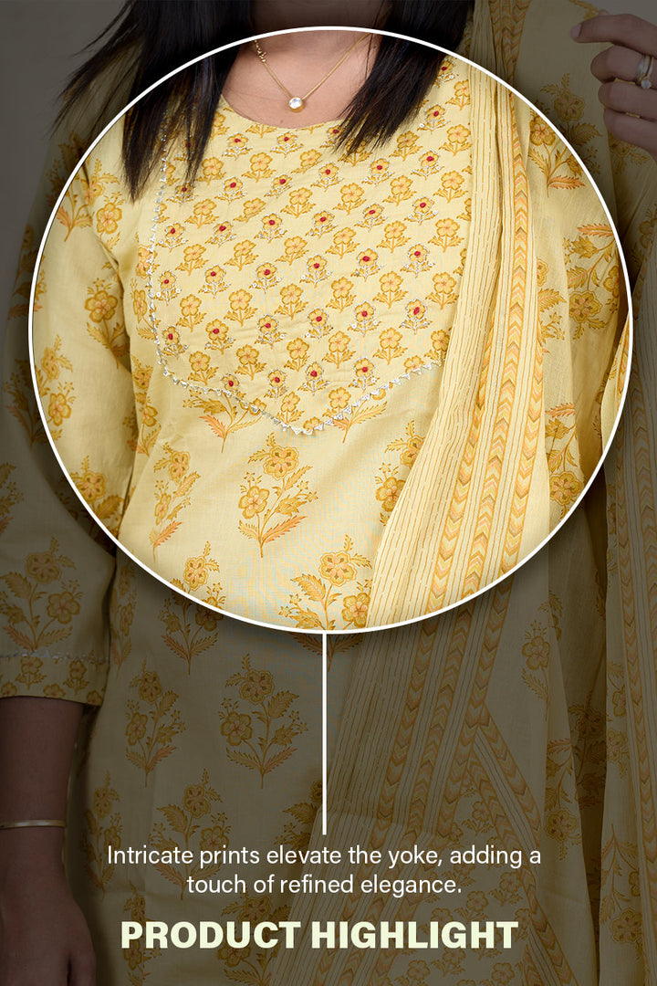 The Nesavu Womens Straight Suit Sets Yellow Hand Block Printed Cotton Kurta Set with Mul Cotton Dupatta Nesavu Yellow Cotton Kurta Set with AARI Embroidery and Mul Cotton Dupatta | The Nesavu