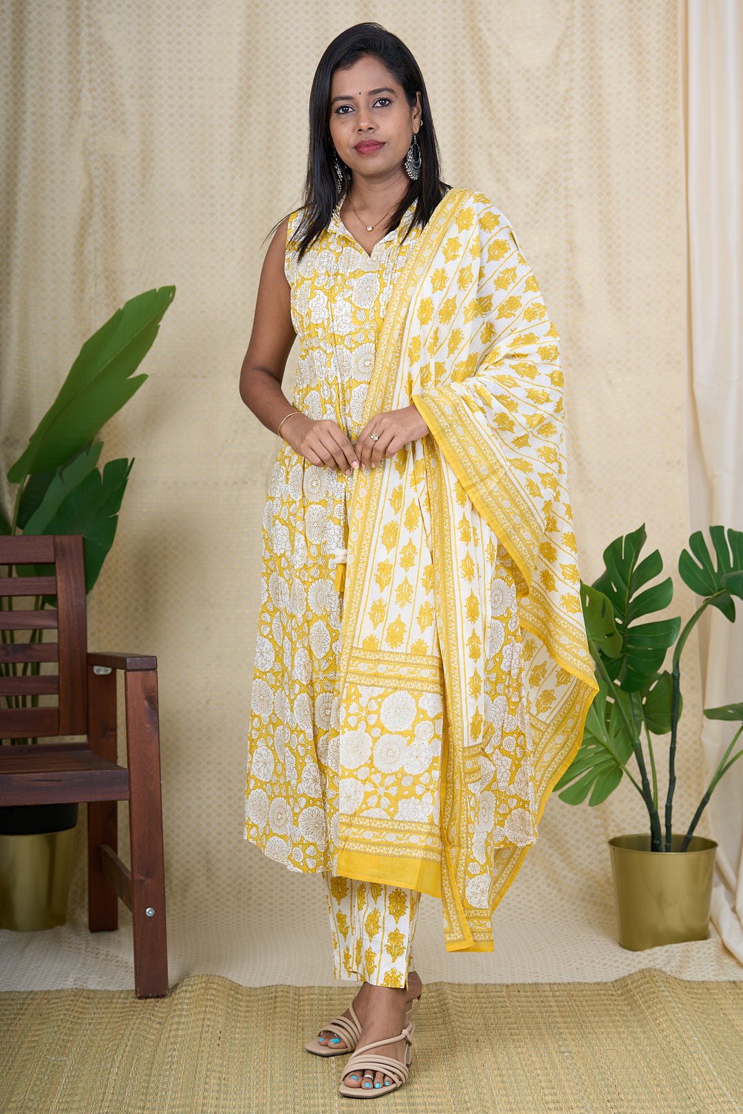 The Nesavu Womens Flared Suit Sets Yellow Hand Block Printed Cotton Salwar Suit Set with Dupatta Nesavu 38 (M) / Yellow / Cotton WTH006A-38 Yellow Cotton Salwar Suit Set for Women | Hand Block Printed Kurta with Dupatta