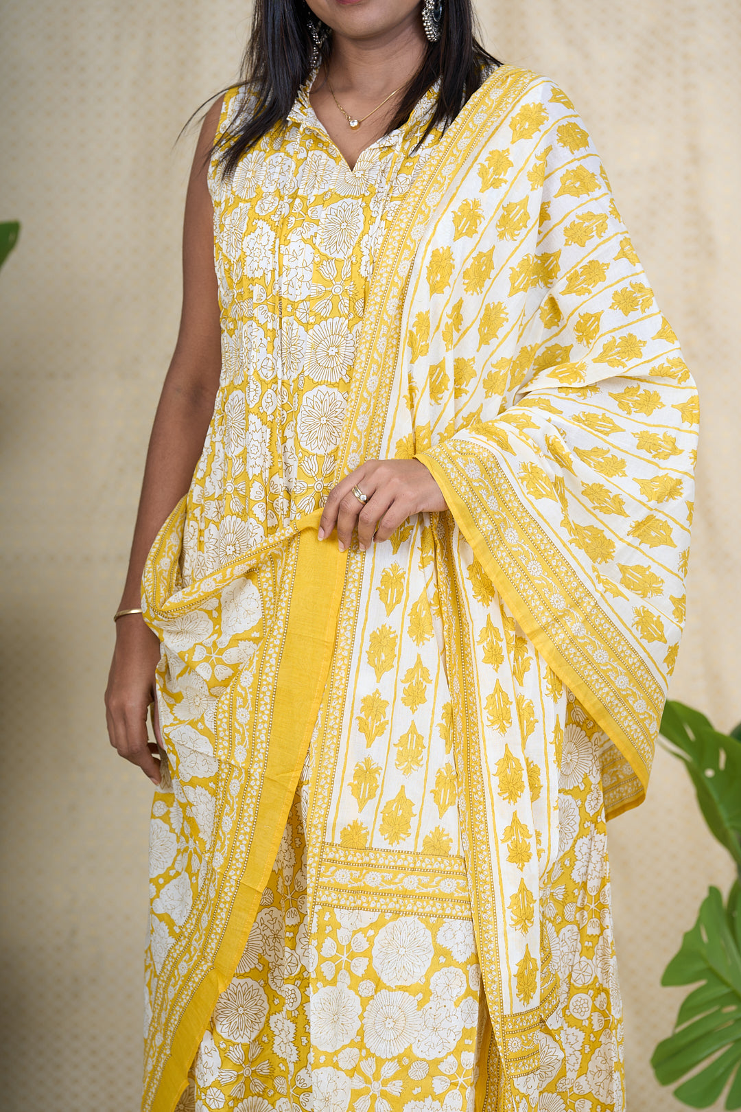 The Nesavu Womens Flared Suit Sets Yellow Hand Block Printed Cotton Salwar Suit Set with Dupatta Nesavu Yellow Cotton Salwar Suit Set for Women | Hand Block Printed Kurta with Dupatta