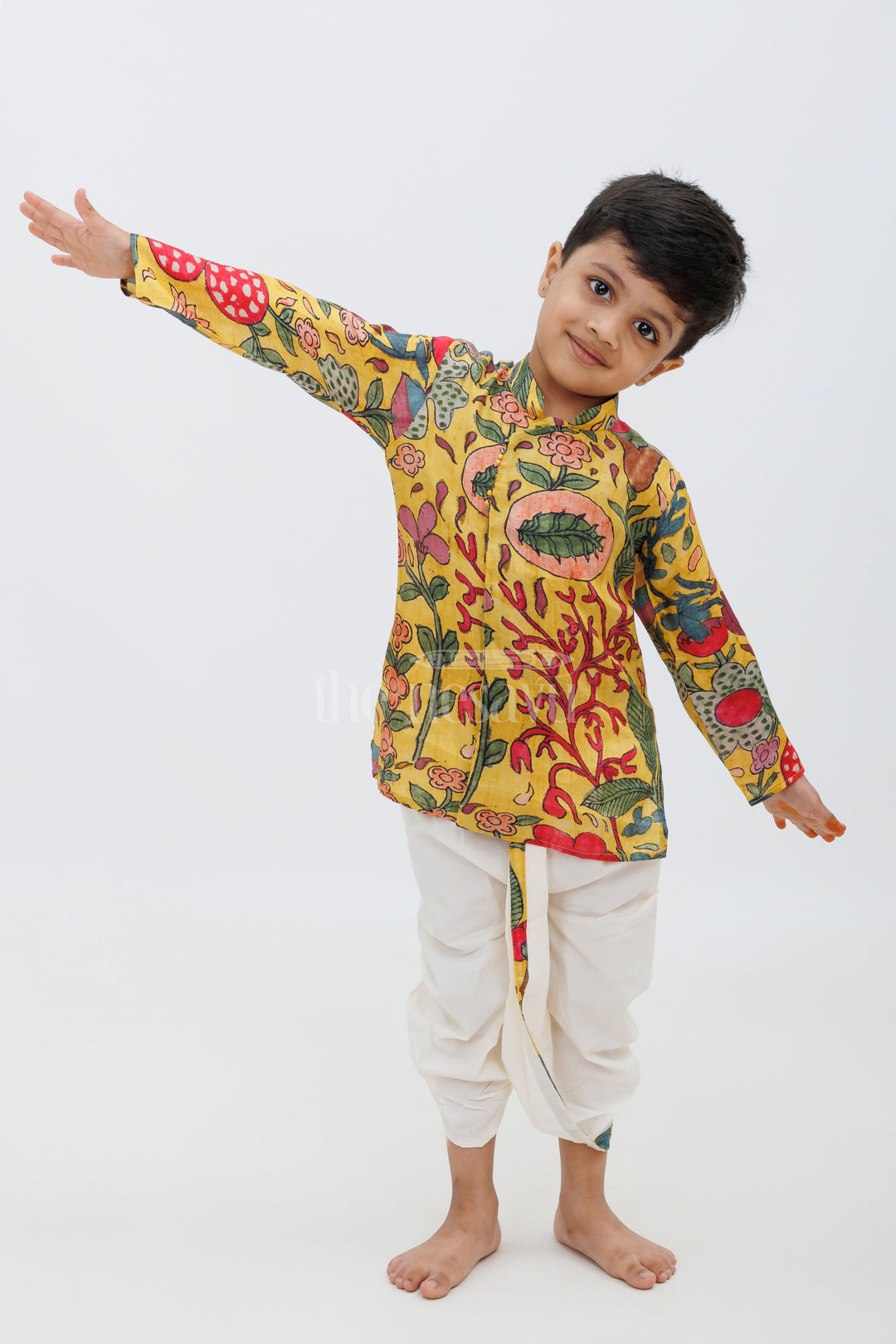 The Nesavu Boys Dothi Set Yellow Kalamkari Painting Inspired Viscose Silk Kurta Dhoti Set Nesavu 12 (3M) / Yellow BES564A-12 Yellow Kalamkari Painting Inspired Kurta Dhoti Set for Boys - Nesavu