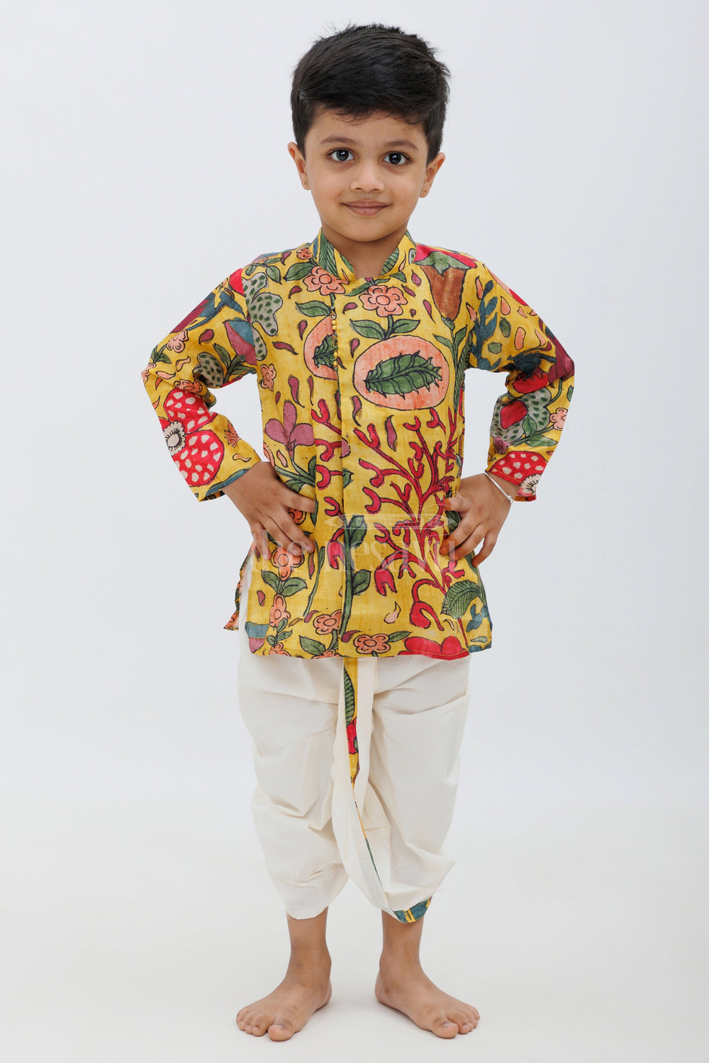 The Nesavu Boys Dothi Set Yellow Kalamkari Painting Inspired Viscose Silk Kurta Dhoti Set Nesavu Yellow Kalamkari Painting Inspired Kurta Dhoti Set for Boys - Nesavu