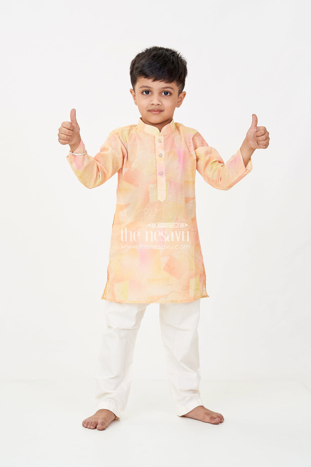 The Nesavu Boys Kurtha Set Yellow Kurta Set for Men in Boys Modal Silk with Subtle Thread Embroidery and Off White Pajama Nesavu 14 (6M) / Yellow BES697A-14 Yellow Kurta Set for Men Style in Boys Modal Silk with Thread Embroidery and Cream Pants | The Nesavu