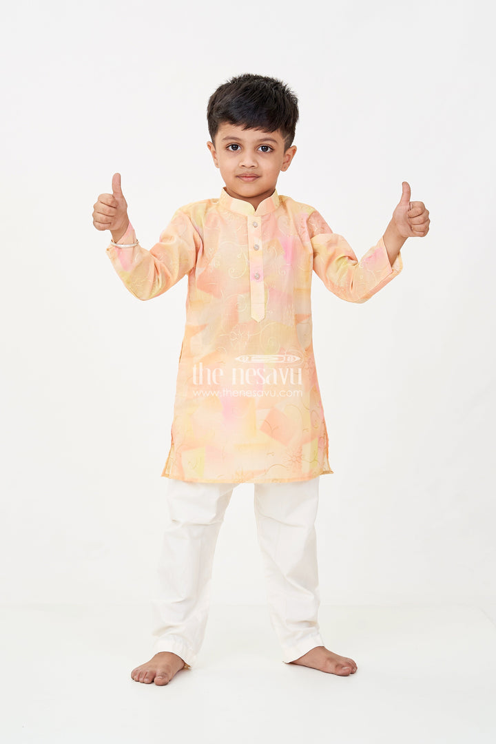 The Nesavu Boys Kurtha Set Yellow Kurta Set for Men in Boys Modal Silk with Subtle Thread Embroidery and Off White Pajama Nesavu 14 (6M) / Yellow BES697A-14 Yellow Kurta Set for Men Style in Boys Modal Silk with Thread Embroidery and Cream Pants | The Nesavu