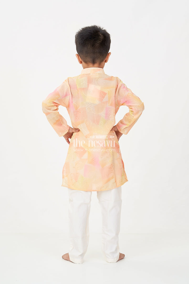 The Nesavu Boys Kurtha Set Yellow Kurta Set for Men in Boys Modal Silk with Subtle Thread Embroidery and Off White Pajama Nesavu Nesavu Yellow Kurta Set for Men Style in Boys Modal Silk with Thread Embroidery and Cream Pants