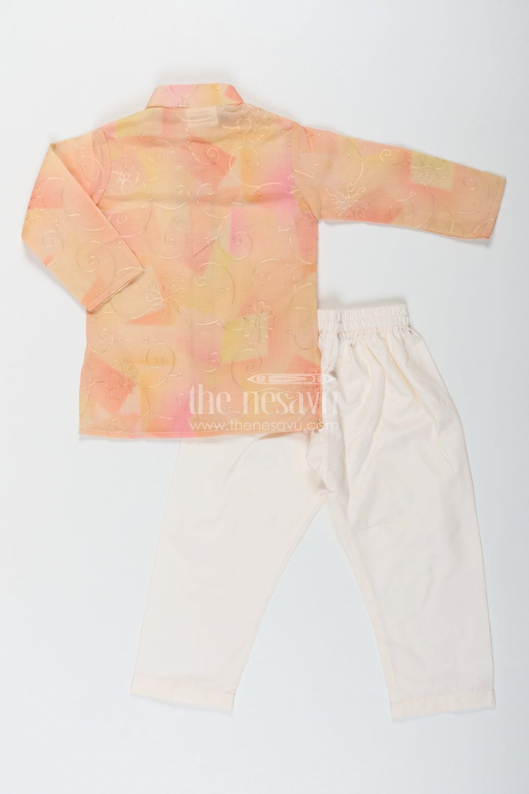 The Nesavu Boys Kurtha Set Yellow Kurta Set for Men in Boys Modal Silk with Subtle Thread Embroidery and Off White Pajama Nesavu Yellow Kurta Set for Men Style in Boys Modal Silk with Thread Embroidery and Cream Pants | The Nesavu