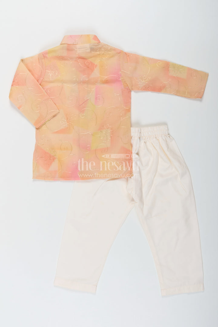 The Nesavu Boys Kurtha Set Yellow Kurta Set for Men in Boys Modal Silk with Subtle Thread Embroidery and Off White Pajama Nesavu Yellow Kurta Set for Men Style in Boys Modal Silk with Thread Embroidery and Cream Pants | The Nesavu