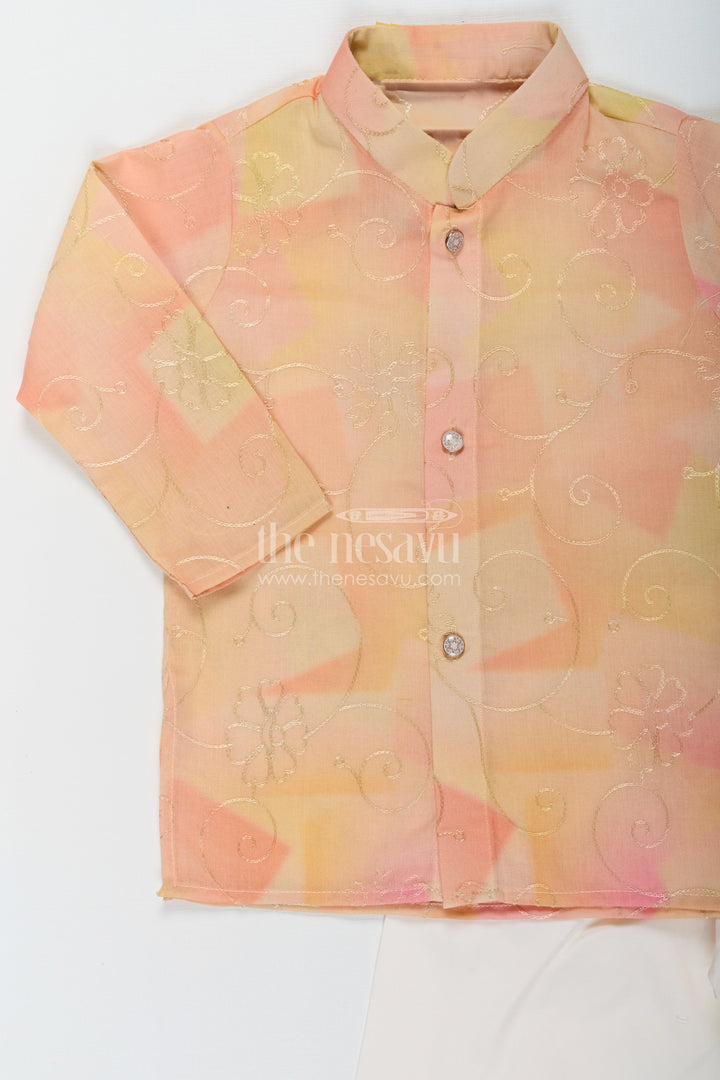 The Nesavu Boys Kurtha Set Yellow Kurta Set for Men in Boys Modal Silk with Subtle Thread Embroidery and Off White Pajama Nesavu Yellow Kurta Set for Men Style in Boys Modal Silk with Thread Embroidery and Cream Pants | The Nesavu