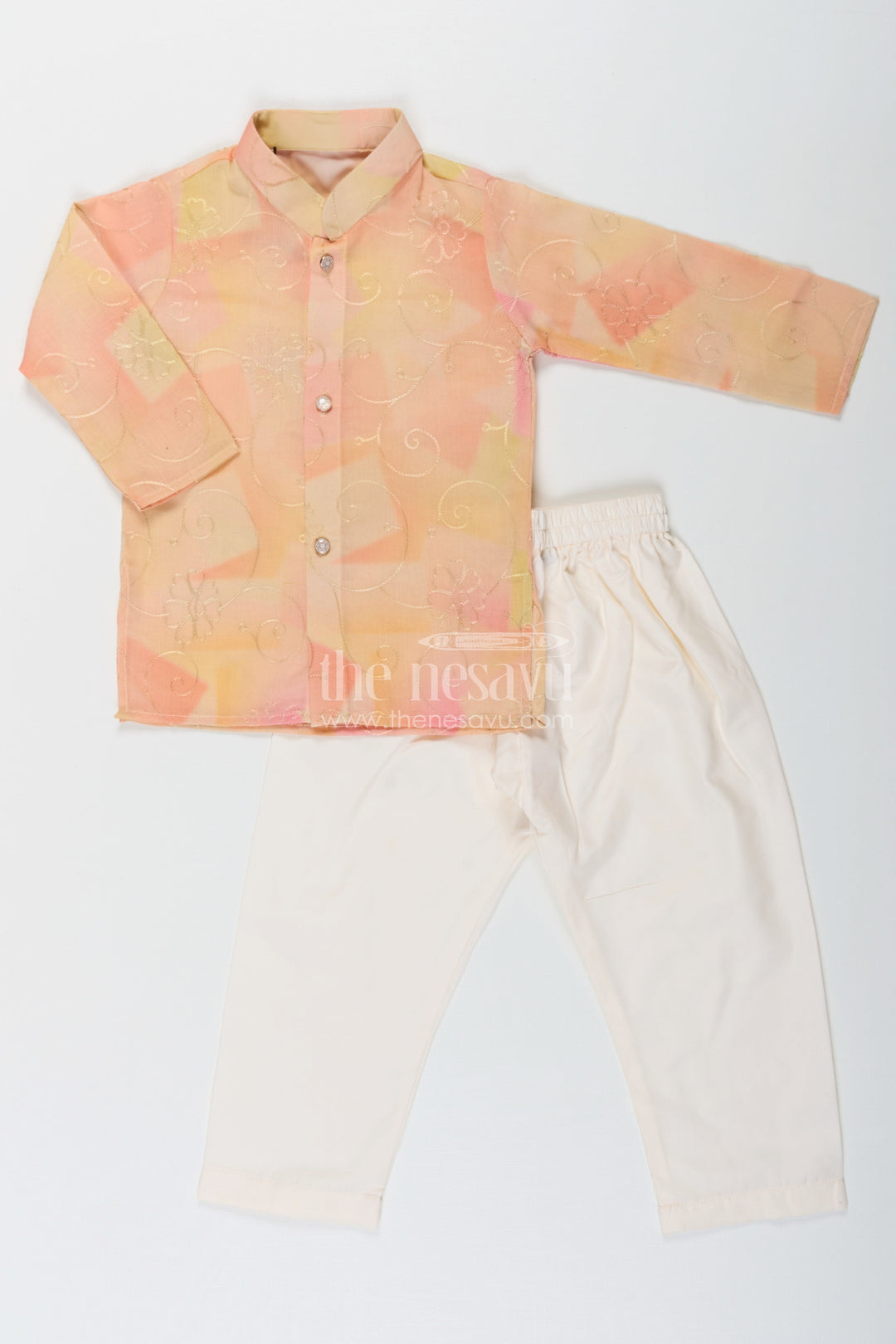 The Nesavu Boys Kurtha Set Yellow Kurta Set for Men in Boys Modal Silk with Subtle Thread Embroidery and Off White Pajama Nesavu Yellow Kurta Set for Men Style in Boys Modal Silk with Thread Embroidery and Cream Pants | The Nesavu