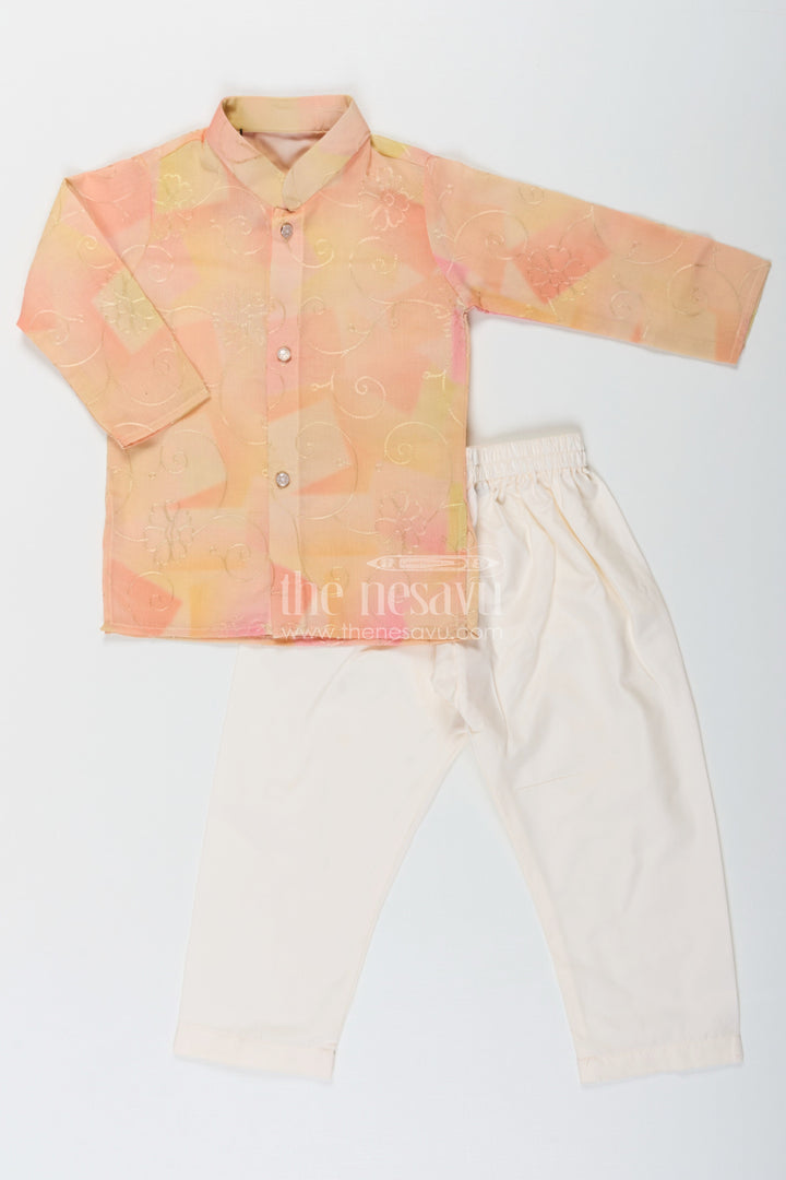 The Nesavu Boys Kurtha Set Yellow Kurta Set for Men in Boys Modal Silk with Subtle Thread Embroidery and Off White Pajama Nesavu Yellow Kurta Set for Men Style in Boys Modal Silk with Thread Embroidery and Cream Pants | The Nesavu
