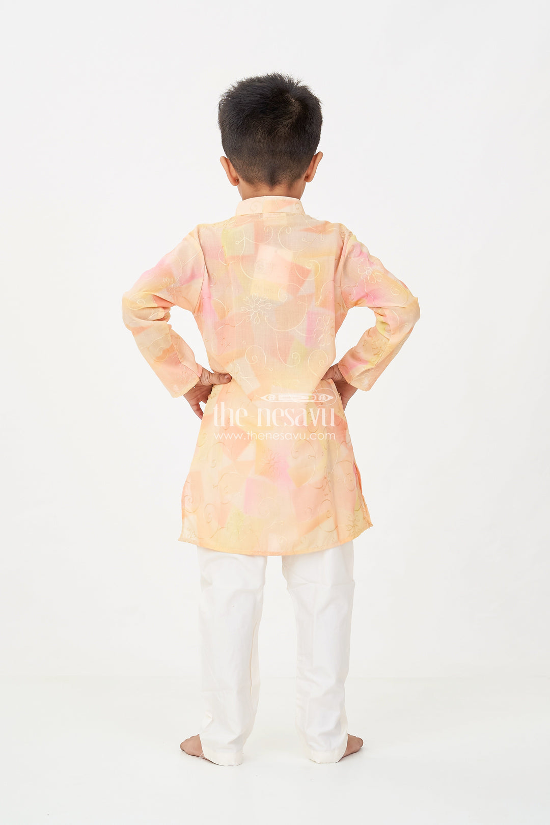 The Nesavu Boys Kurtha Set Yellow Kurta Set for Men in Boys Modal Silk with Subtle Thread Embroidery and Off White Pajama Nesavu Yellow Kurta Set for Men Style in Boys Modal Silk with Thread Embroidery and Cream Pants | The Nesavu
