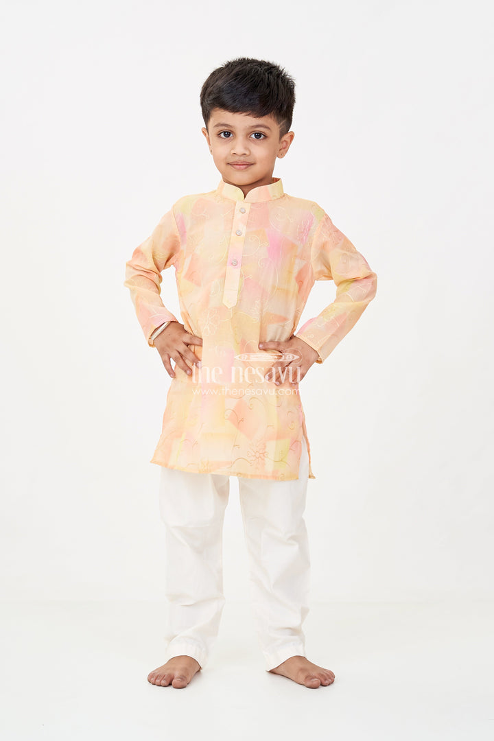 The Nesavu Boys Kurtha Set Yellow Kurta Set for Men in Boys Modal Silk with Subtle Thread Embroidery and Off White Pajama Nesavu Yellow Kurta Set for Men Style in Boys Modal Silk with Thread Embroidery and Cream Pants | The Nesavu