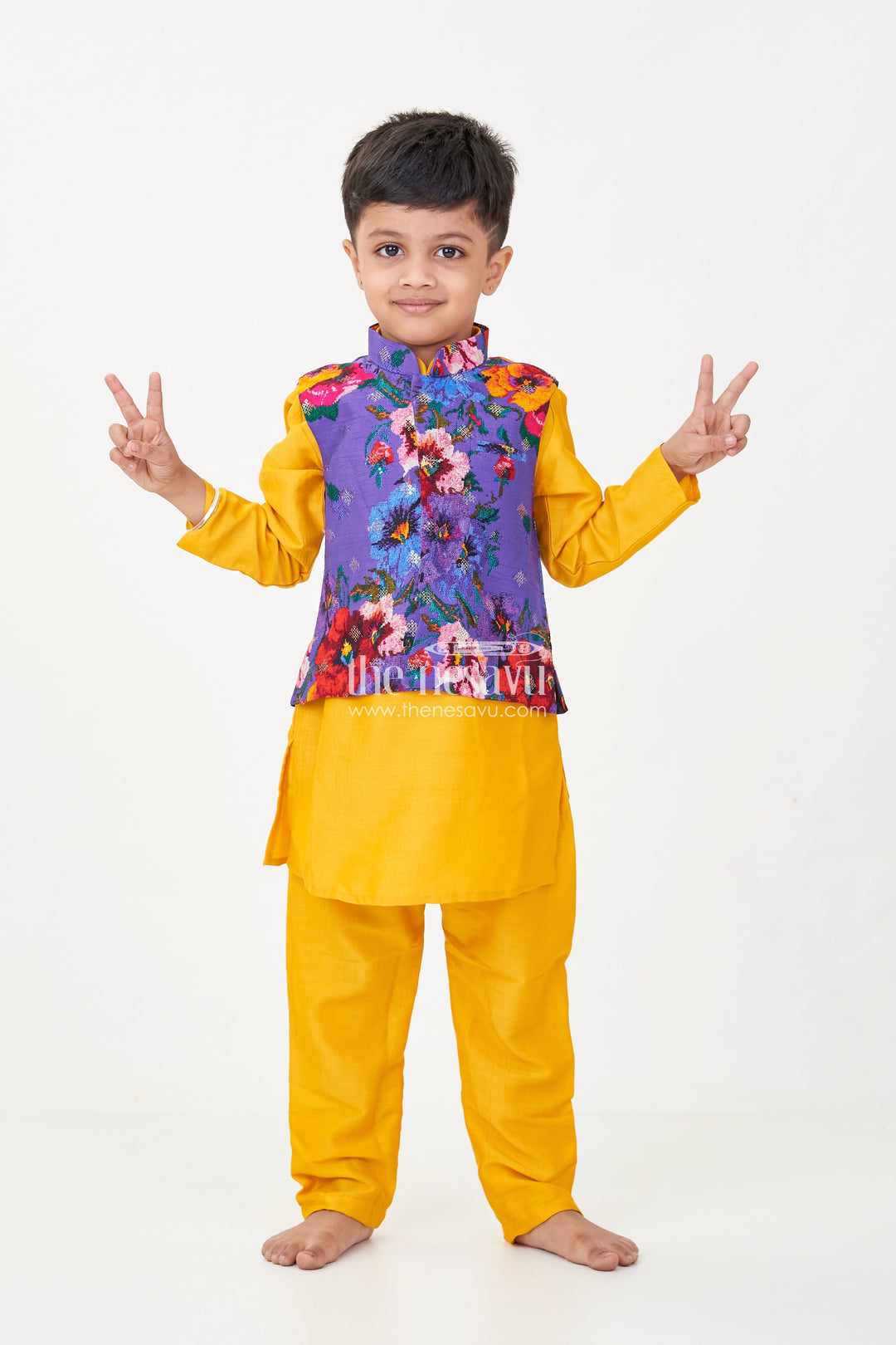 The Nesavu Boys Jacket Sets Yellow Kurtha Boys Jacket Set with Vibrant Floral Embroidery Jacket in Viscose Blend and Coordinated Bottoms Nesavu 12 (3M) / Yellow BES672B-12 Nesavu Yellow Kurtha Boys Jacket Set with Floral Print Sequence Embroidered Jacket and Viscose Blend Fabric