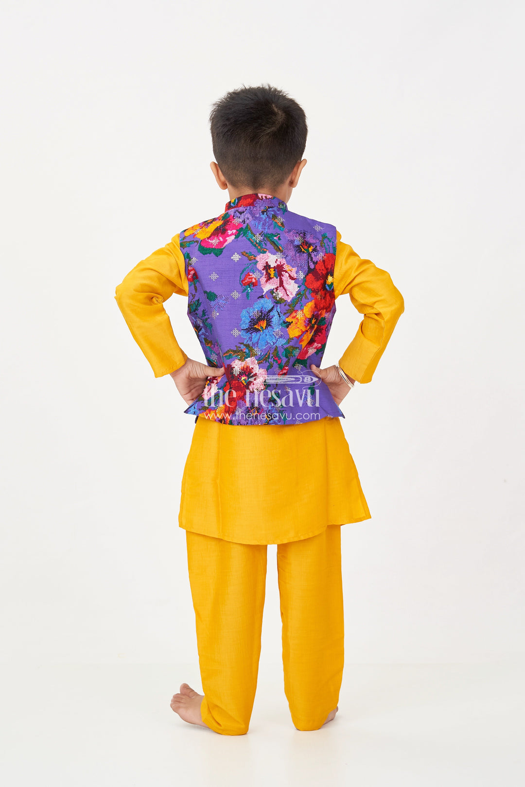 The Nesavu Boys Jacket Sets Yellow Kurtha Boys Jacket Set with Vibrant Floral Embroidery Jacket in Viscose Blend and Coordinated Bottoms Nesavu Yellow Kurtha Boys Jacket Set with Floral Print Sequence Embroidered Jacket | The Nesavu
