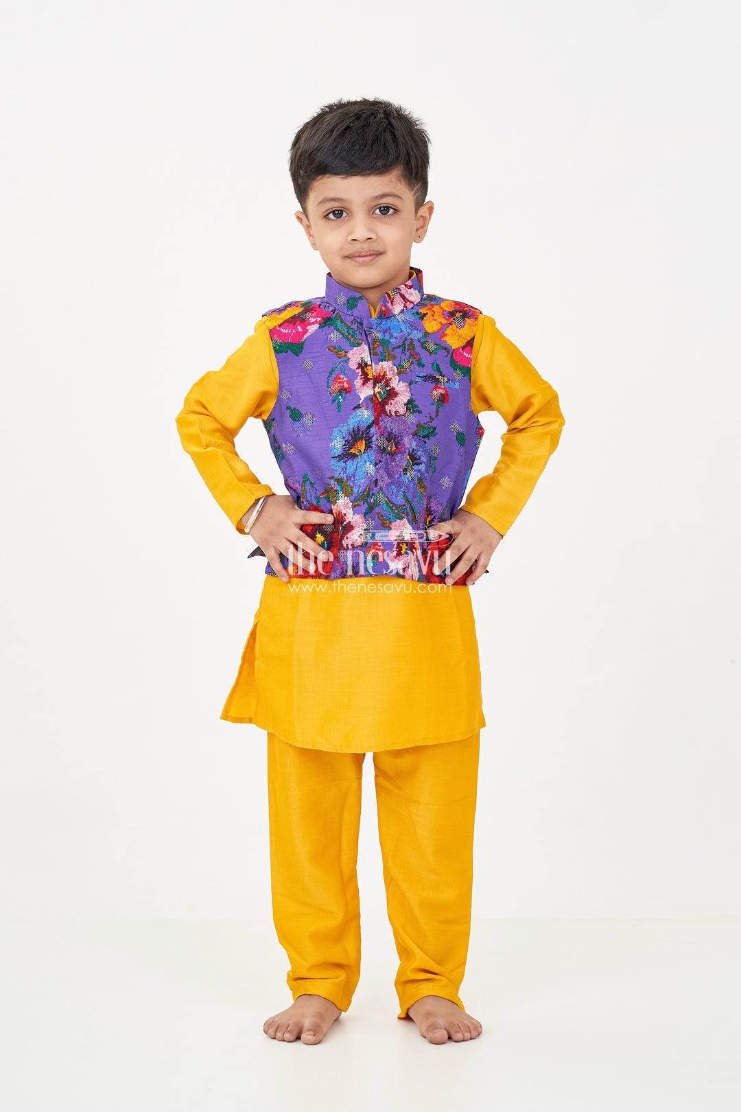 The Nesavu Boys Jacket Sets Yellow Kurtha Boys Jacket Set with Vibrant Floral Embroidery Jacket in Viscose Blend and Coordinated Bottoms Nesavu Yellow Kurtha Boys Jacket Set with Floral Print Sequence Embroidered Jacket | The Nesavu