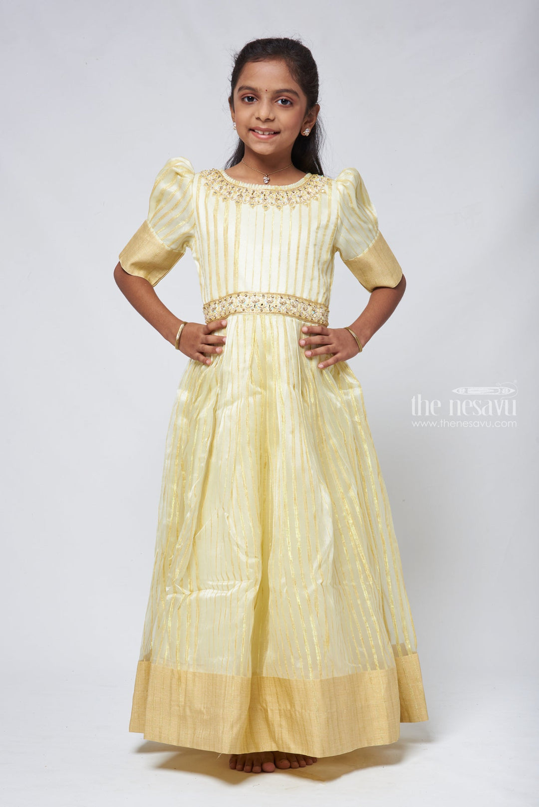 The Nesavu Party Gown Yellow Organza Party Wear Gown Dress with Faux Mirror Embellished Hip Band Nesavu 18 (2Y) / Yellow / Organza GA136C-18 Yellow Organza Party Wear Gown Dress with Faux Mirror Embellished Hip Band | The Nesavu