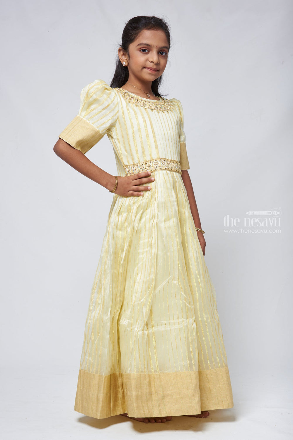 The Nesavu Party Gown Yellow Organza Party Wear Gown Dress with Faux Mirror Embellished Hip Band Nesavu Yellow Organza Party Wear Gown Dress with Faux Mirror Embellished Hip Band | The Nesavu