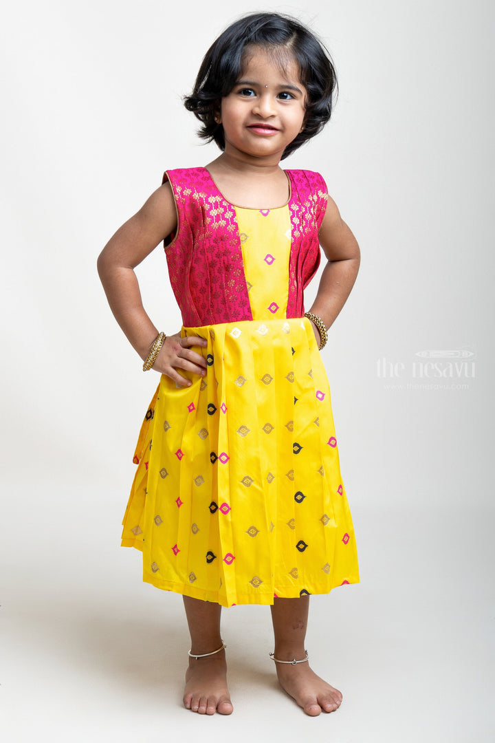 The Nesavu Silk Frock Yellow Pleated Semi-Silk with Red Designer Yoke Frock For Girls Nesavu 16 (1Y) / Yellow / Silk Blend SF517C Latest Model Frocks Designs | The Nesavu | Silk Frock Collection