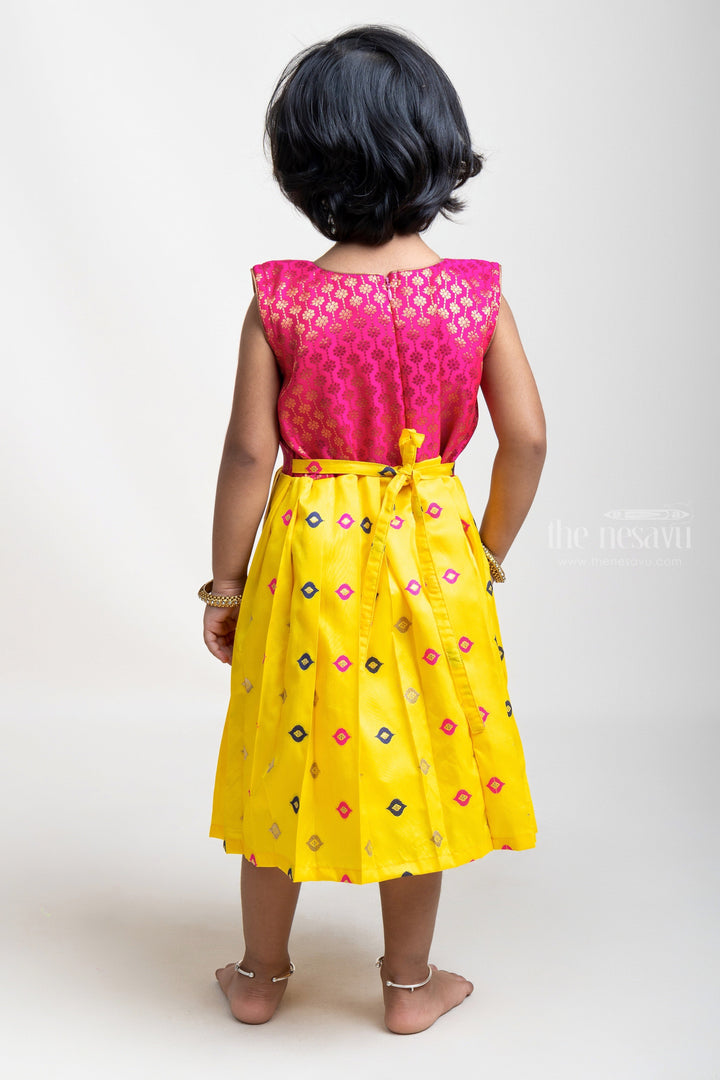 The Nesavu Silk Frock Yellow Pleated Semi-Silk with Red Designer Yoke Frock For Girls Nesavu Latest Model Frocks Designs | The Nesavu | Silk Frock Collection