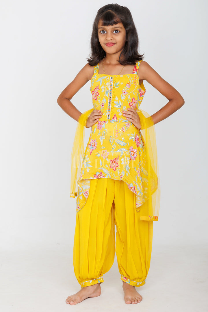 The Nesavu Girls Sharara / Plazo Set Yellow Pure Georgette Girls Dhoti Set with Floral Embroidery and Dupatta Nesavu Nesavu Yellow Pure Georgette Dhoti Set Girls Floral Embroidery Dupatta