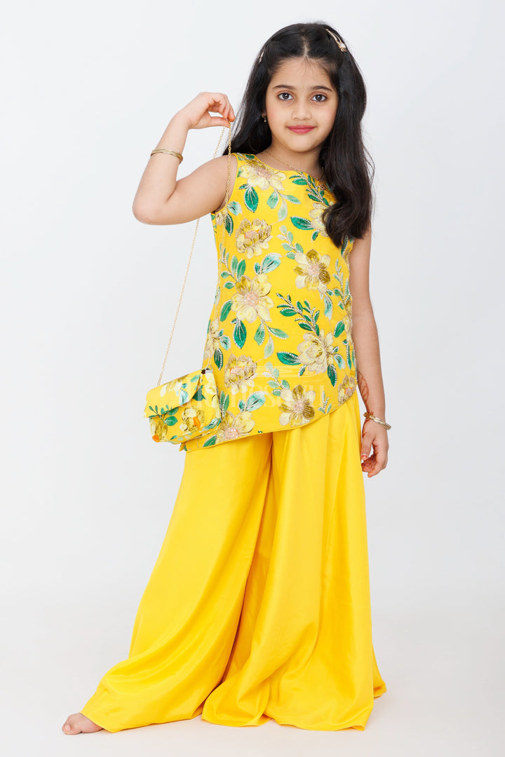 The Nesavu Girls Sharara / Plazo Set Yellow Pure Viscose Embroidery Girls Sharara 3-Piece Set with Floral Tunic and Dupatta Nesavu 24 (5Y) / Yellow GPS437A-24 Nesavu Yellow Girls Sharara 3-Piece Set Floral Tunic Dupatta Crossbody Bag