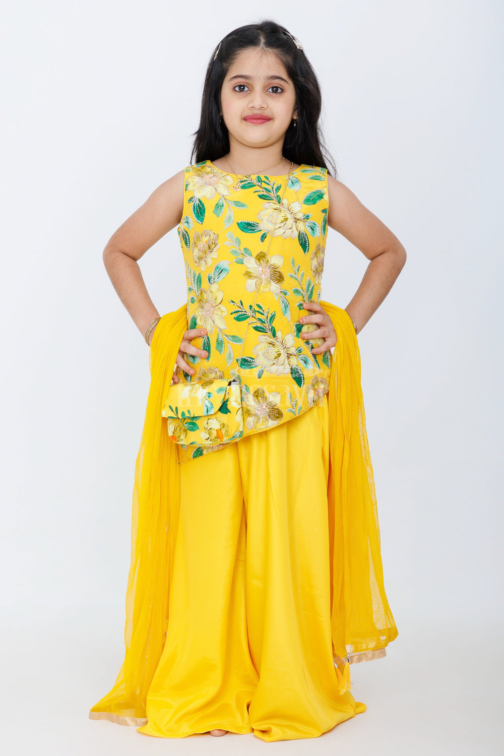 The Nesavu Girls Sharara / Plazo Set Yellow Pure Viscose Embroidery Girls Sharara 3-Piece Set with Floral Tunic and Dupatta Nesavu Nesavu Yellow Girls Sharara 3-Piece Set Floral Tunic Dupatta Crossbody Bag