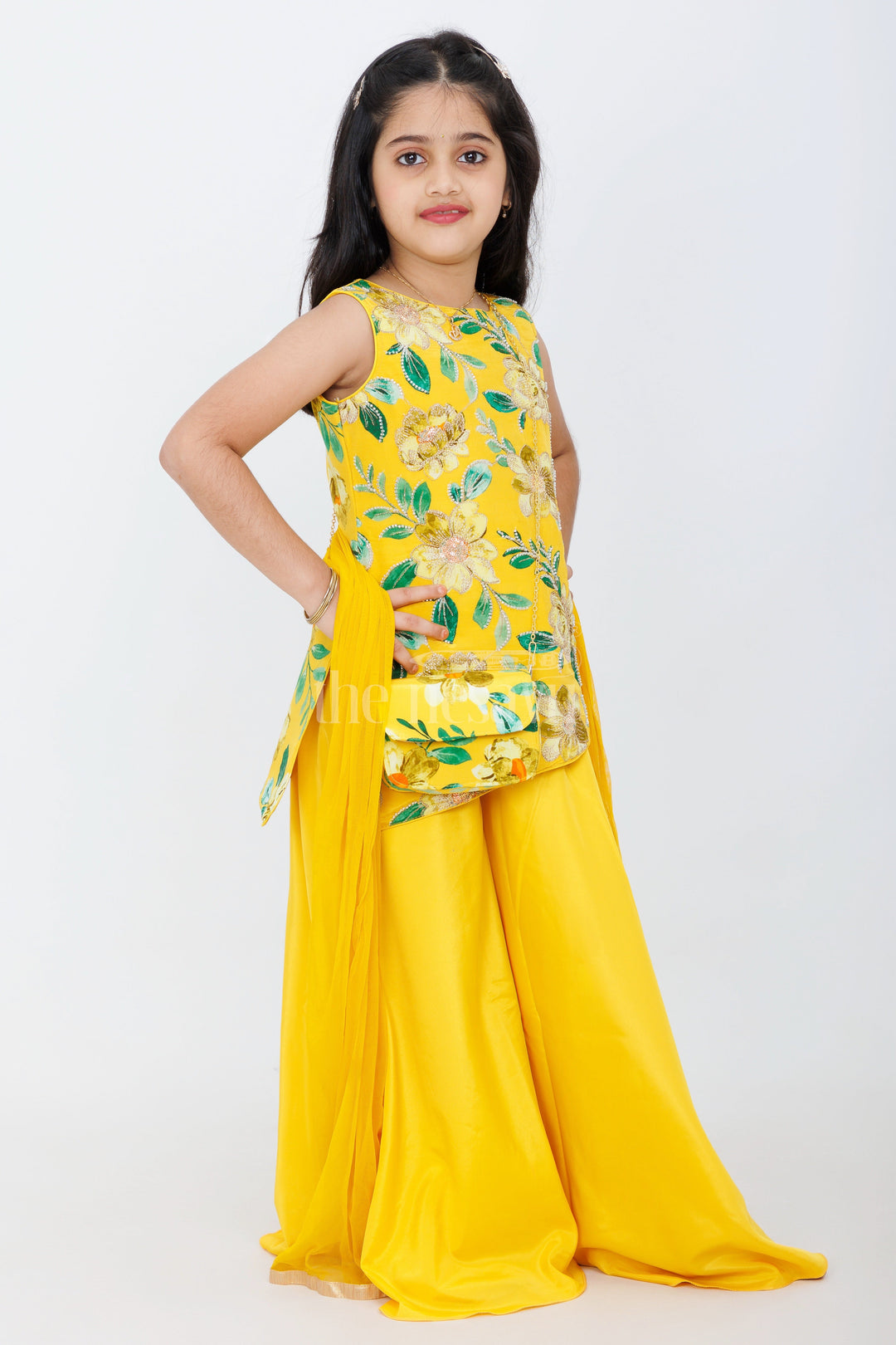 The Nesavu Girls Sharara / Plazo Set Yellow Pure Viscose Embroidery Girls Sharara 3-Piece Set with Floral Tunic and Dupatta Nesavu Nesavu Yellow Girls Sharara 3-Piece Set Floral Tunic Dupatta Crossbody Bag