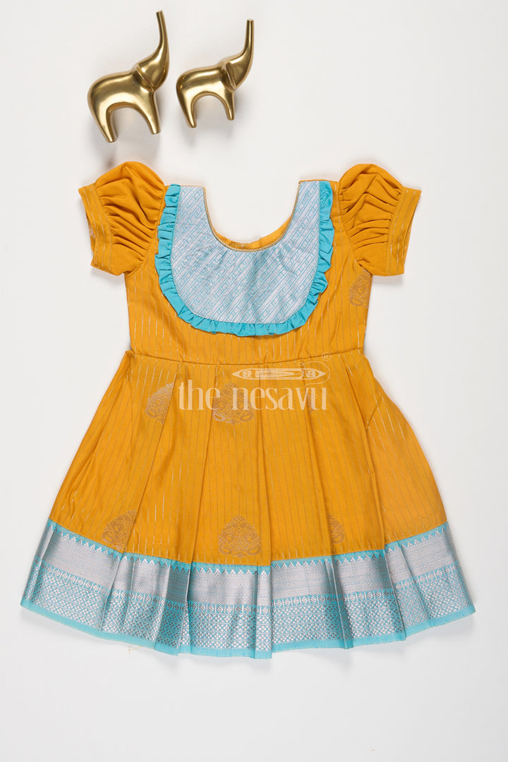 The Nesavu Girls Kanchi Silk Frock Yellow Semi Kanchivaram Silk Frock with Blue Zari Border and Puff Sleeves for Girls Nesavu 14 (6M) / Yellow / Style 2 SF818BB-14 Nesavu Yellow Semi Kanchivaram Silk Frock Blue Zari Puff Sleeves Weddings Festive Occasions