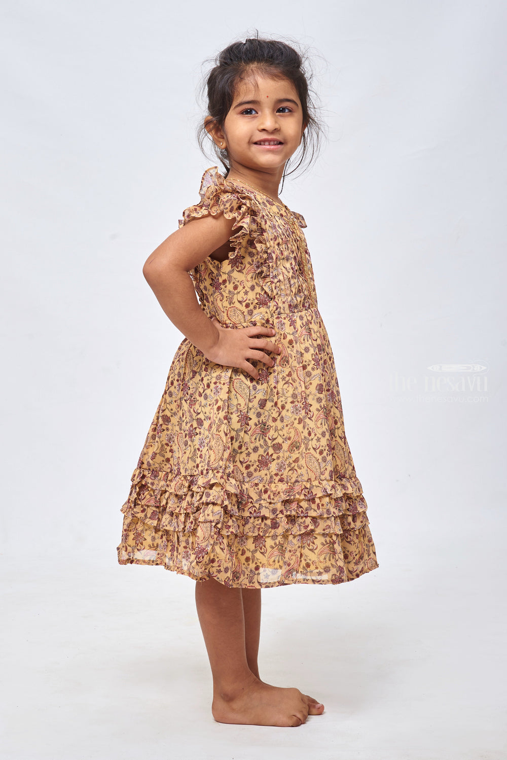 The Nesavu Girls Cotton Frock Yellow Sequin Sunshine: Cotton Frock with Paisley Prints Nesavu Simple Cotton Frock Design for Girls | Baby Frock Cotton | the Nesavu