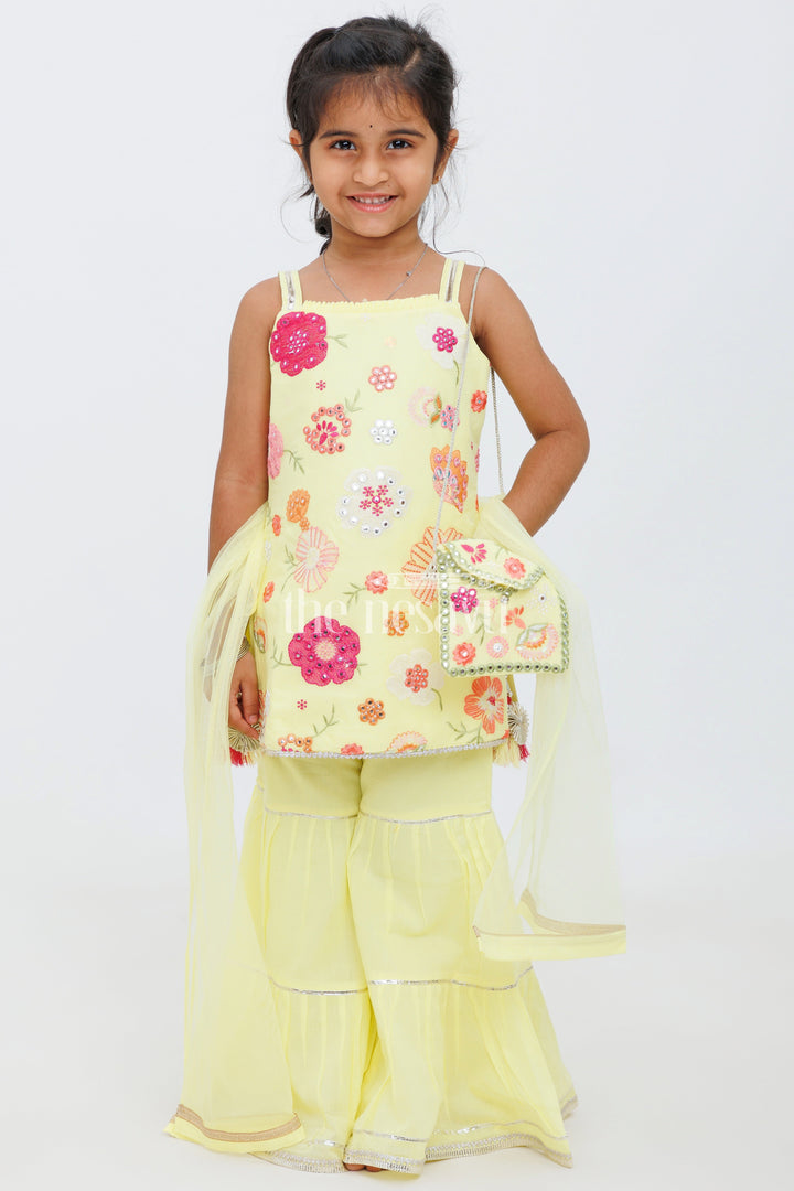 The Nesavu Girls Sharara / Plazo Set Yellow Sharara Set with Floral Thread Embroidery and Gota Patti Highlights for Girls Nesavu 18 (2Y) / Yellow GPS389B-18 Yellow Sharara Set with Floral Thread Embroidery and Gota Patti Highlights for Girls Nesavu