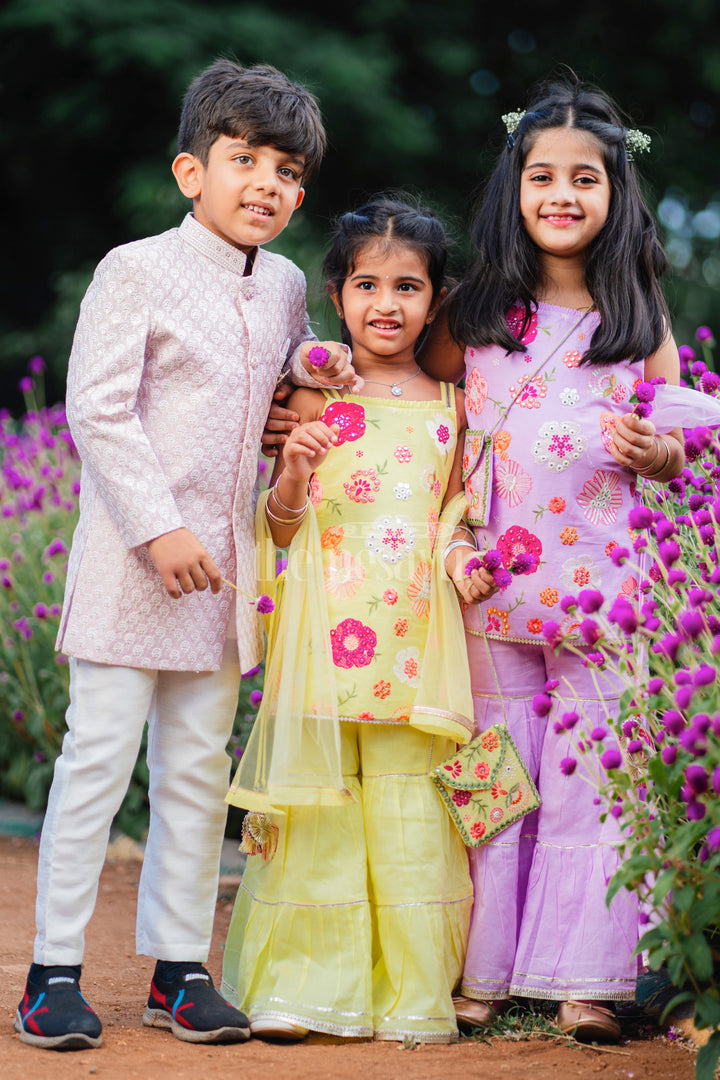 The Nesavu Girls Sharara / Plazo Set Yellow Sharara Set with Floral Thread Embroidery and Gota Patti Highlights for Girls Nesavu Yellow Sharara Set with Floral Thread Embroidery and Gota Patti Highlights for Girls Nesavu