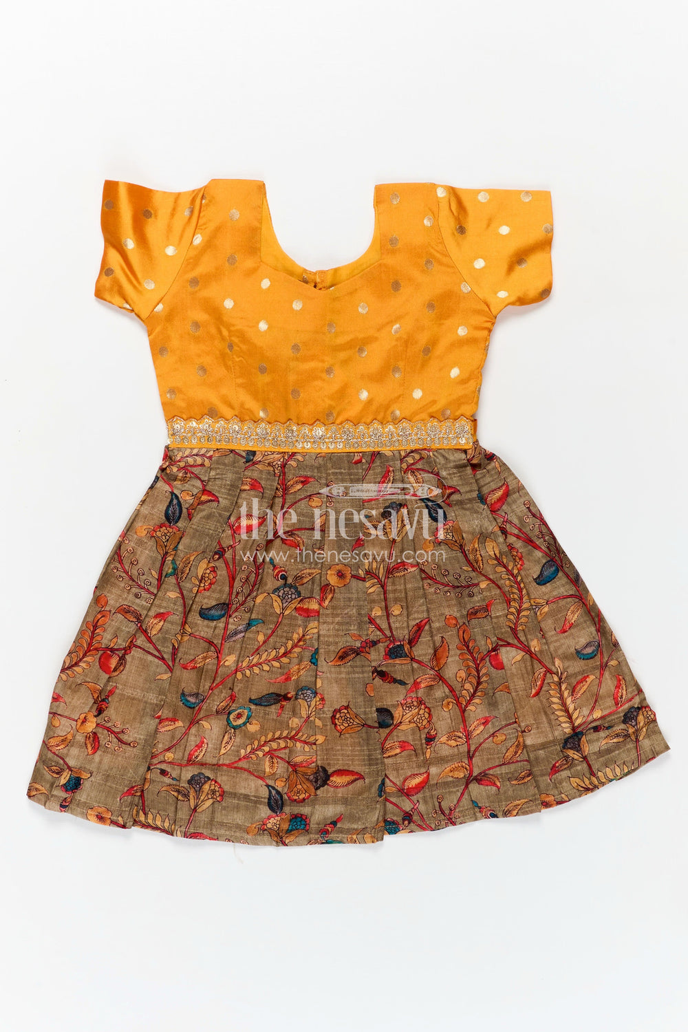 The Nesavu Silk Frock Yellow Silk Dress for Girls with Mirror Embellished Yoke and Floral Chanderi Cotton Bottom Nesavu 14 (6M) / Yellow SF1027A-14 Nesavu Yellow Silk Dress Girls Mirror Work Printed Chanderi Floral Skirt Bottom