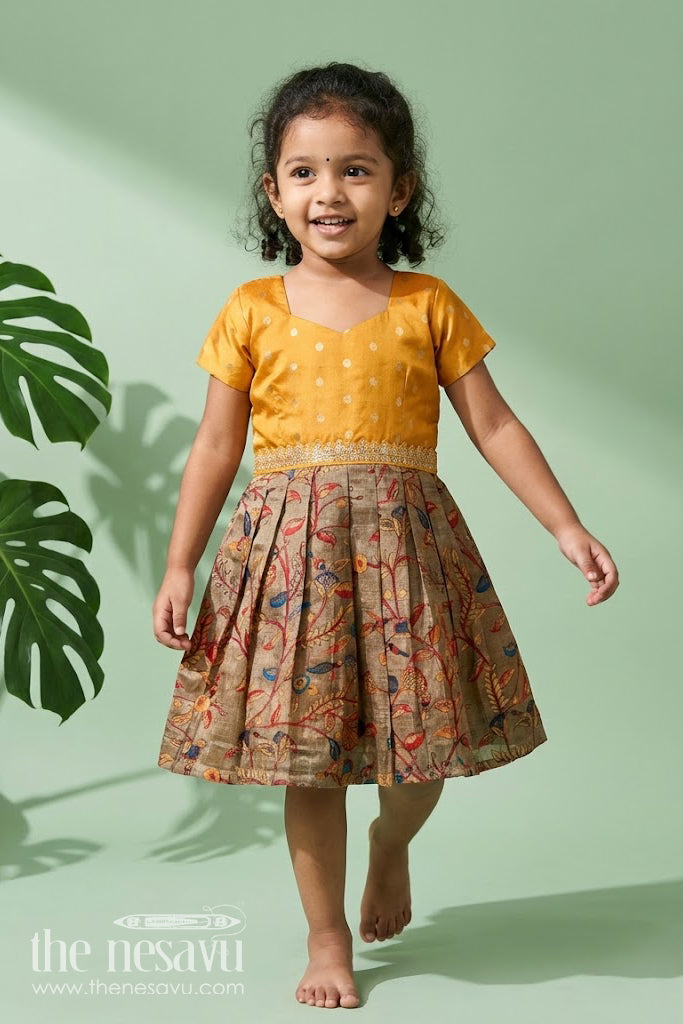 The Nesavu Silk Frock Yellow Silk Dress for Girls with Mirror Embellished Yoke and Floral Chanderi Cotton Bottom Nesavu 14 (6M) / Yellow SF1027A-14 Nesavu Yellow Silk Dress Girls Mirror Work Printed Chanderi Floral Skirt Bottom
