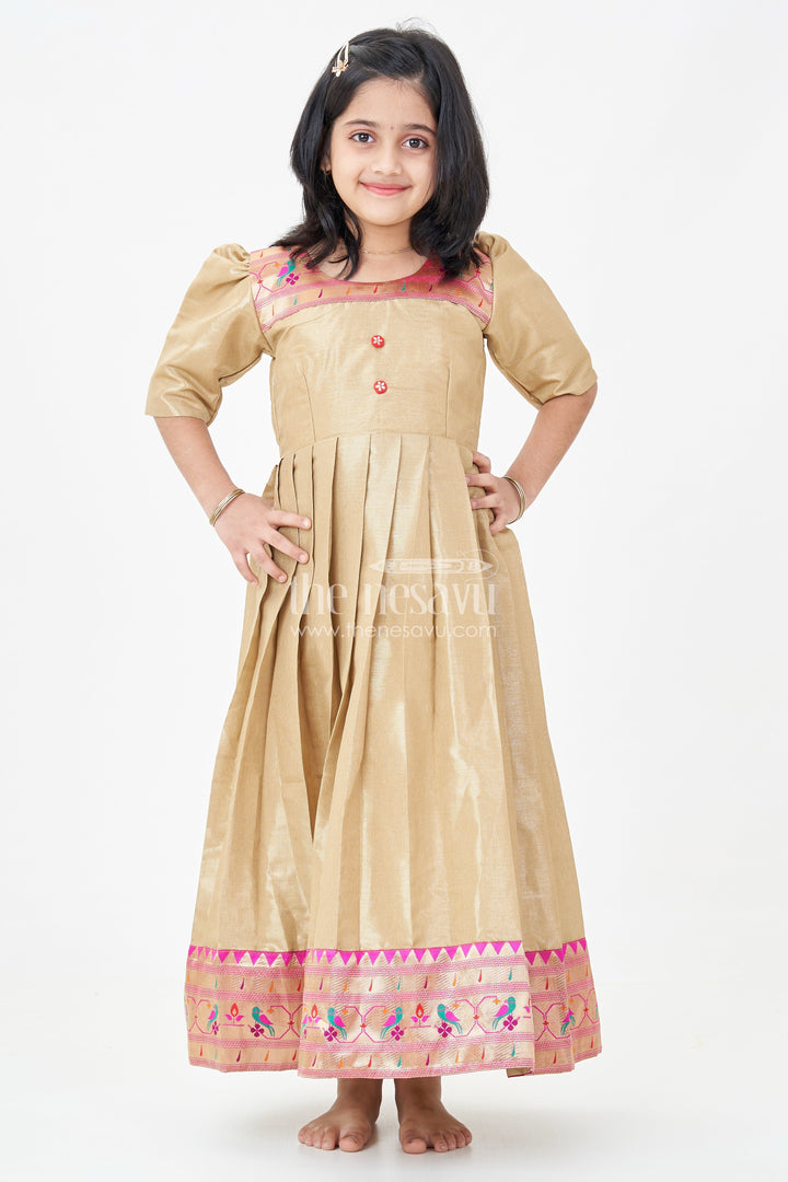 The Nesavu Girls Silk Gown Yellow Silk Gown for Girls in Tissue Silk with Traditional Paithani Border and Short Sleeves Nesavu 20 (3Y) / Yellow GA324B-20 Yellow Silk Gown Girls Tissue Fabric Paithani Border Traditional Pleats | The Nesavu